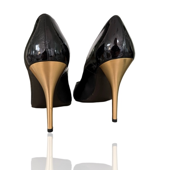 STUART WEITZMAN PATENT LEATHER D’ORSAY PUMPS W METALLIC GOLD HEELS SIZE 7 - Picture 2 of 13